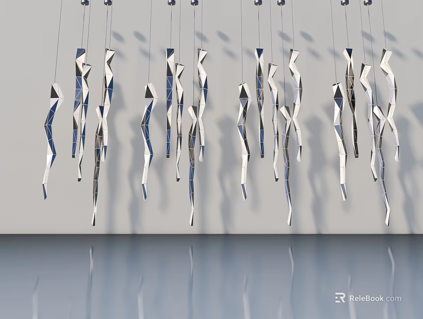 Swing Door Design With Suspended Silver Metal Strip Decorations White Background Smooth Floor Reflections 3d model 