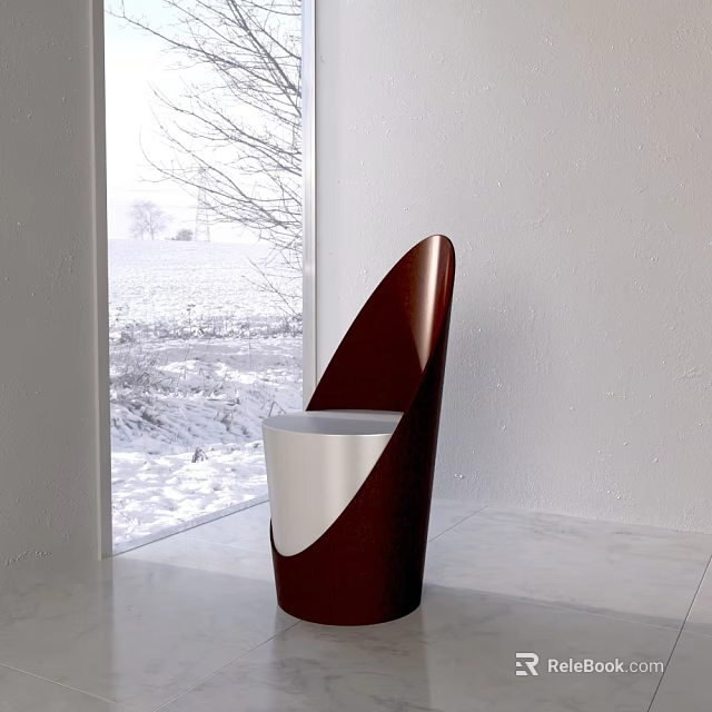 White Background Wall With Modern Crimson White Chair And Snowy Window View On Marble Floor 3d model 