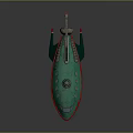 Green Streamlined Spaceship Model With Red Accents Windows Small Antenna And Rear Thruster