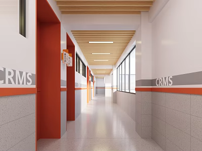 School Corridor With Red Doors Wooden Ceiling And Gray Orange Walls 3d model