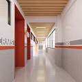 School Corridor With Red Doors Wooden Ceiling And Gray Orange Walls
