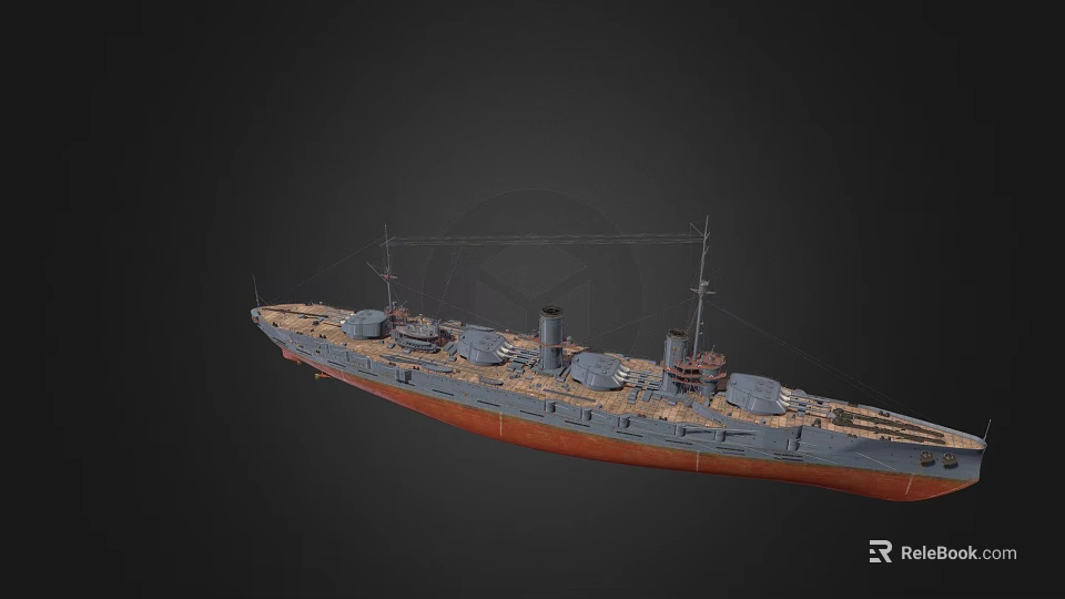 Vintage Warship Battleship 3D Model With Blue Hull Red Bottom Turrets And Smokestacks 3d model 