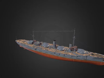 Vintage Warship Battleship 3D Model With Blue Hull Red Bottom Turrets And Smokestacks 3d model