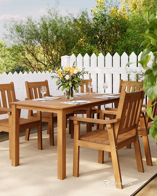 Wooden Dining Chairs With Dining Table Yellow Flowers And White Picket Fence In Garden 3d model 