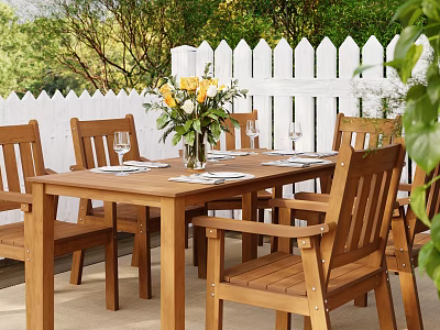 Wooden Dining Chairs With Dining Table Yellow Flowers And White Picket Fence In Garden 3d model