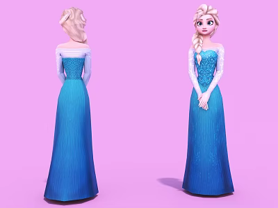 Frozen Character Elsa In Blue Gown With White Sleeves Blonde Braid Pink Background Front Back Views 3d model