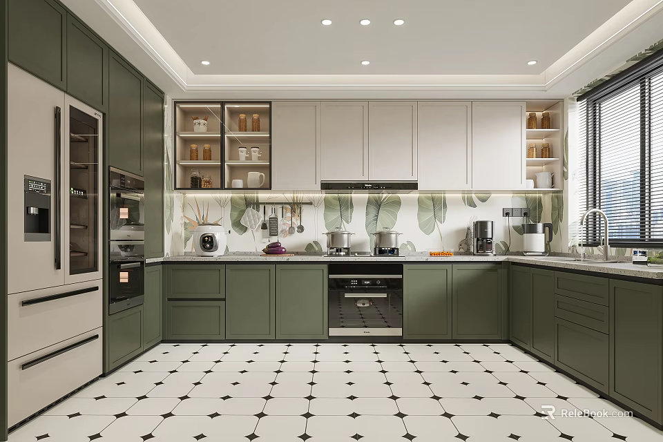 Modern Kitchen Interior With Green White Cabinets Black White Tiled Floor And Appliances 3d model 