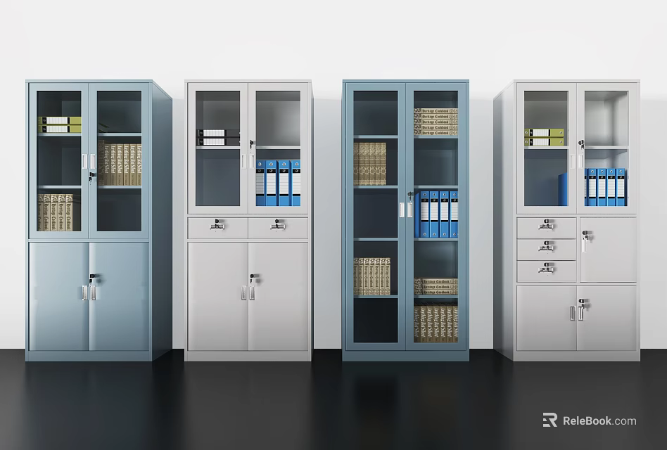 Different Colored Bookcases With Glass Doors Drawers Folders And Baskets 3d model 