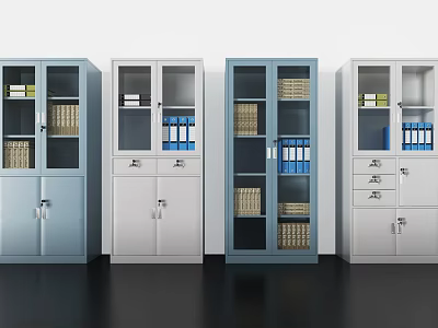 Different Colored Bookcases With Glass Doors Drawers Folders And Baskets 3d model