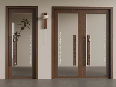 Modern Wooden Glass Doors Interior Design With Frame Glass Panels And Wall Lamp 3d model