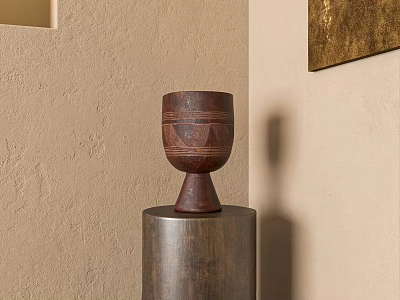 Brown Decorative Vase On Metal Cylinder Base Against Beige Textured Wall With Gold Framed Artwork 3d model