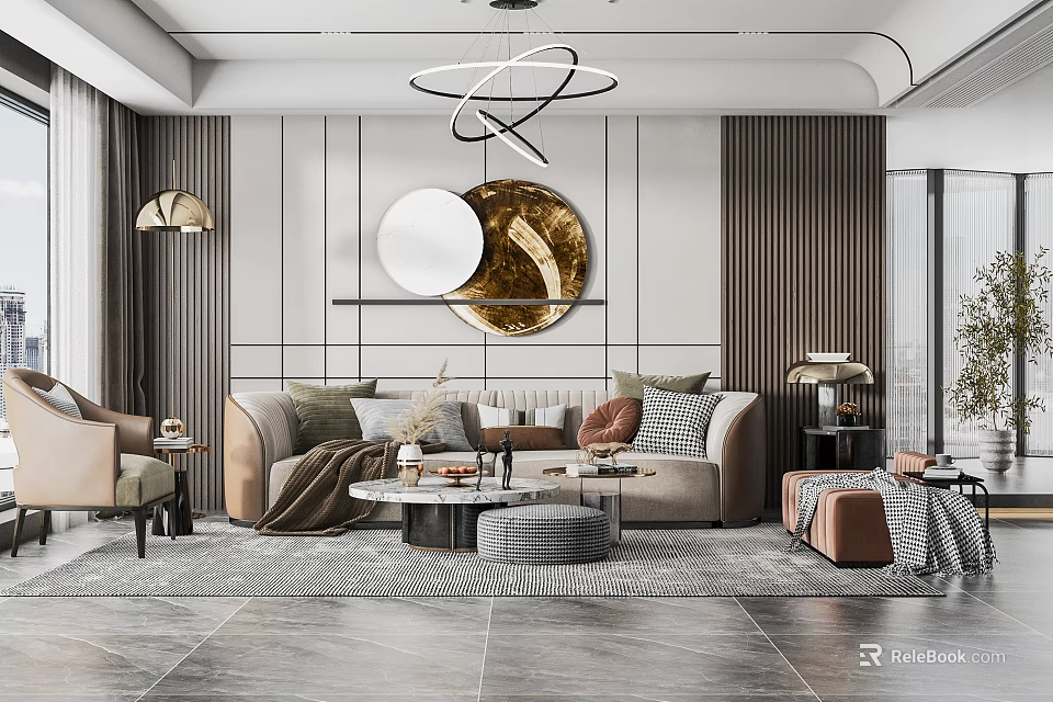 Modern Living Room Interior Design With Circular Decorative Painting Chandelier Sofa And Coffee Table 3d model 