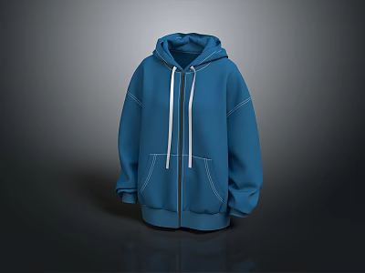 Blue Oversized Hoodie With Zipper Closure White Drawstrings And Stitching Details 3d model