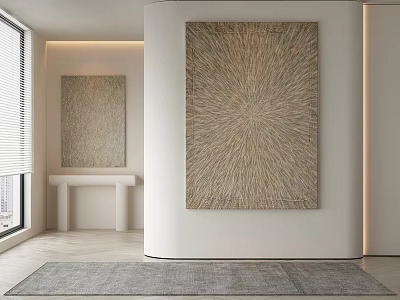 Abstract Painting With Radiant Beige Texture In Modern Interior White Walls And Gray Rug 3d model
