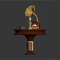 Elegant Gramophone Shaped Decorative Ornament With Golden Horn Wooden Base And Patterns