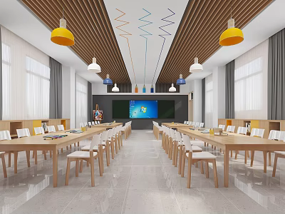 School Classroom Interior With Wooden Tables Chairs And Lights 3d model