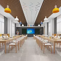 School Classroom Interior With Wooden Tables Chairs And Lights