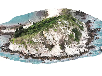 Natural Stone and Wood Island with Blue Sea and Lush Green Vegetation 3d model