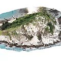 Natural Stone and Wood Island with Blue Sea and Lush Green Vegetation