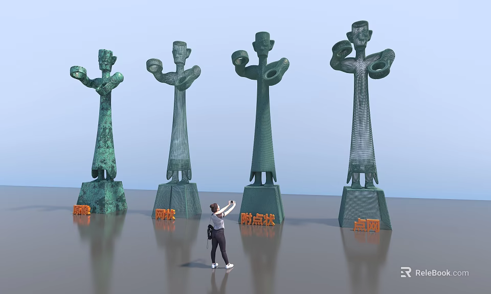 Road Facilities Featuring Green Sculptures And Orange Signs With Person Observing 3d model 