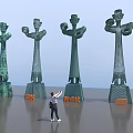 Road Facilities Featuring Green Sculptures And Orange Signs With Person Observing