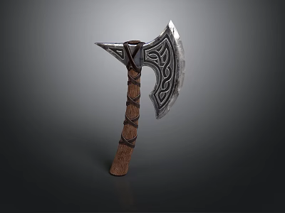 3D Model Axe With Wooden Handle And Metal Blade Carved Patterns 3d model