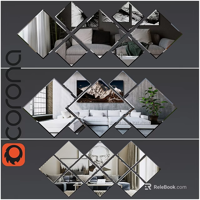 Modern Living Room Interior Design With Diamond Shaped Decorative Mirrors 3d model 
