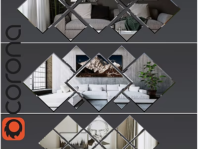 Modern Living Room Interior Design With Diamond Shaped Decorative Mirrors 3d model