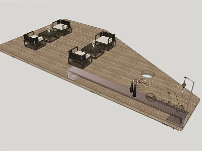 Outdoor Deck Design With Wooden Floor Black Patio Furniture And White Cushions 3d model