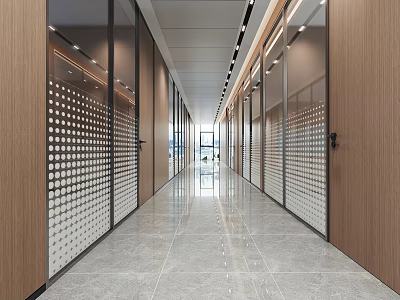 Modern Office Corridor Interior With Glass Partitions Wooden Panels And Tile Flooring 3d model