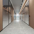 Modern Office Corridor Interior With Glass Partitions Wooden Panels And Tile Flooring