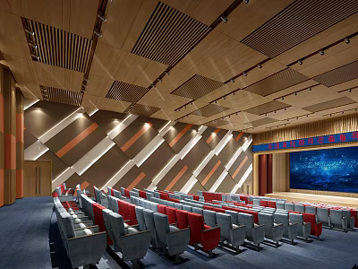 Conference Room With Wooden Ceiling Striped Walls Red Gray Seats And Large Screen 3d model