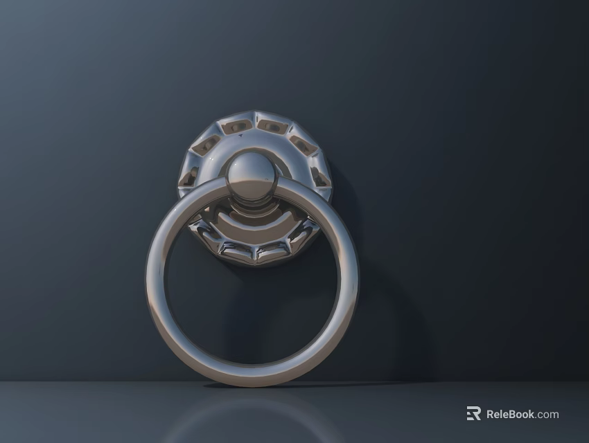 Silver Circular Ring Door Knocker Featuring Ornate Base on Dark Background 3d model 