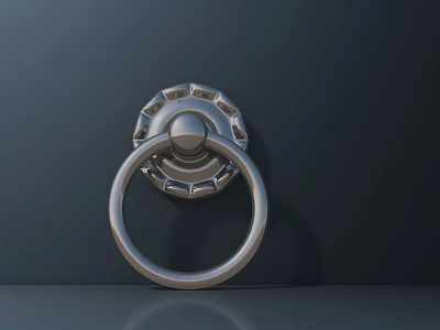 Silver Circular Ring Door Knocker Featuring Ornate Base on Dark Background 3d model