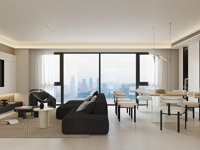 Modern Open Plan Living And Dining Room With Floor To Ceiling Windows Overlooking City View 3d model