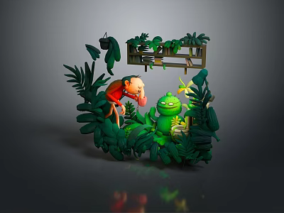 Adventurous Character In Red Outfit With Green Creature Among Lush Jungle Plants And Tropical Leaves 3d model