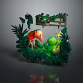 Adventurous Character In Red Outfit With Green Creature Among Lush Jungle Plants And Tropical Leaves