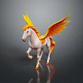 White Pegasus Figure With Orange Yellow Wings Tail And Hooves On Dark Background