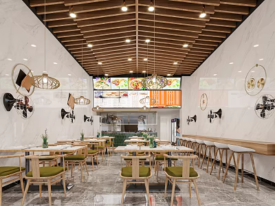Modern Mall Restaurant With Wooden Ceiling Lights Green Cushioned Chairs Wall Decor And Menu Screen 3d model