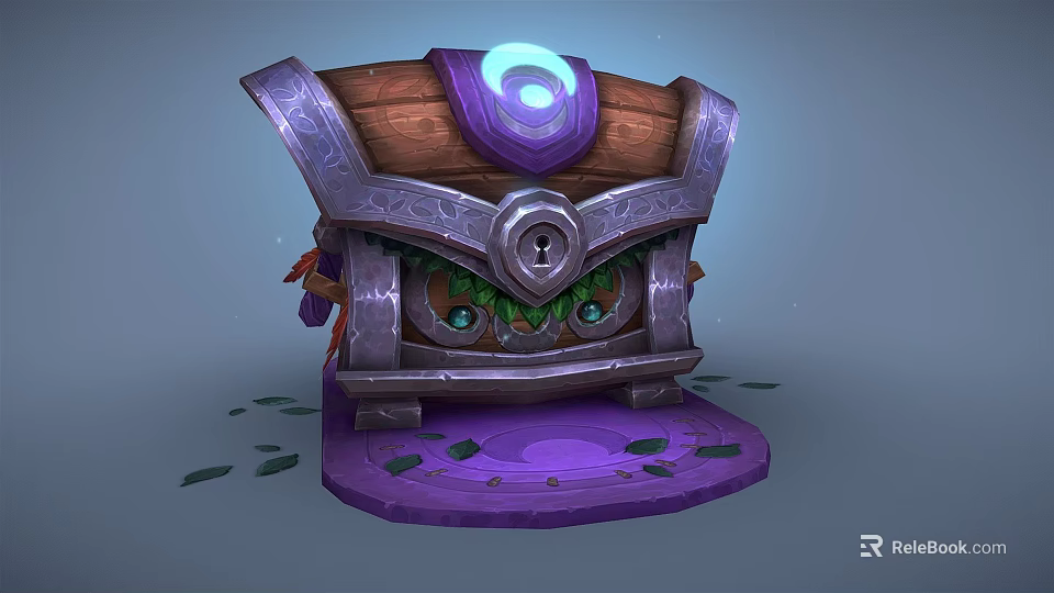 Enchanted Treasure Chest with Glowing Purple Spiral Top Green Eye Design and Purple Base Leaves 3d model 