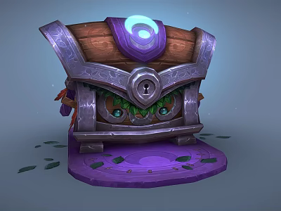 Enchanted Treasure Chest with Glowing Purple Spiral Top Green Eye Design and Purple Base Leaves 3d model