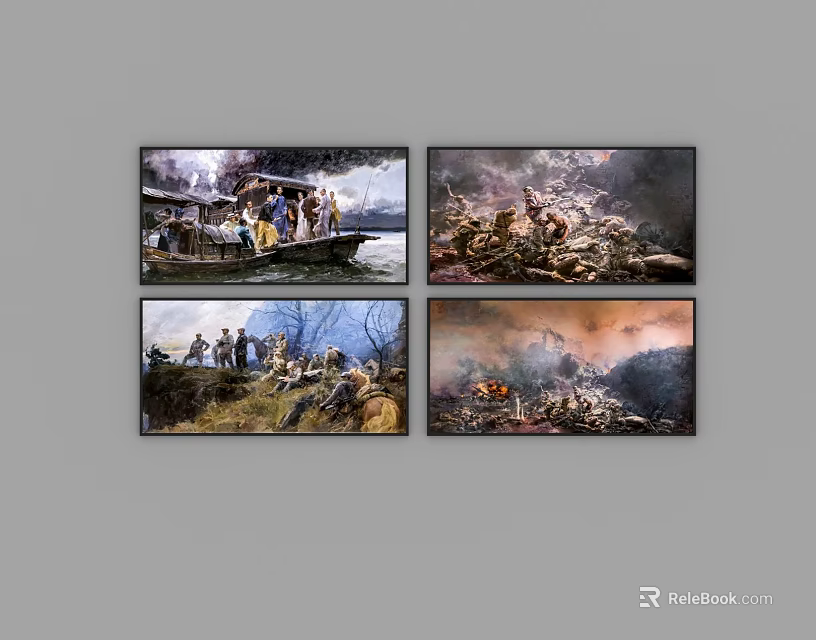 Four Historical Battle Scene Paintings With Military Figures Landscapes And Action 3d model 