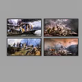 Four Historical Battle Scene Paintings With Military Figures Landscapes And Action