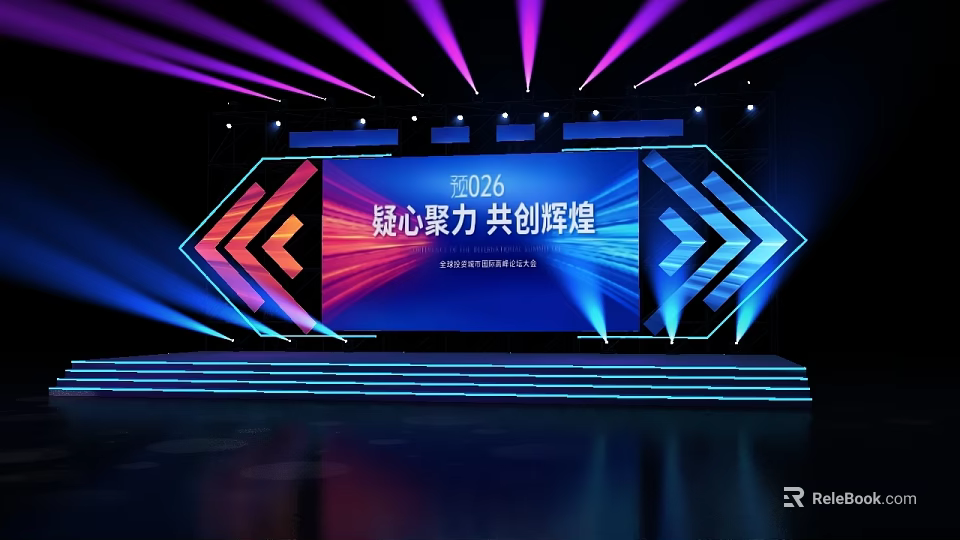 Modern Event Stage Design With Colorful Lights Large LED Screen Arrow Decorations And Steps 3d model 