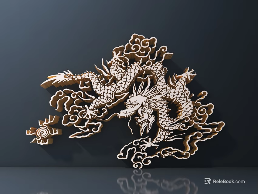 Exquisite Dragon Carving Wall Art With Cloud Patterns And Sun Motif 3d model
