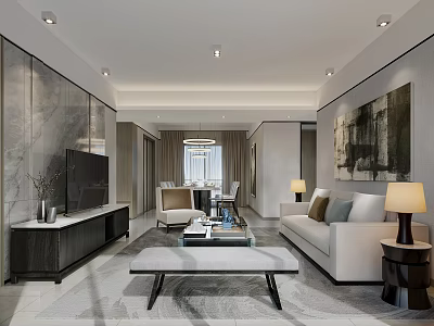 Modern Living And Dining Room Interior With Sofa Coffee Table TV Cabinet And Wall Art 3d model