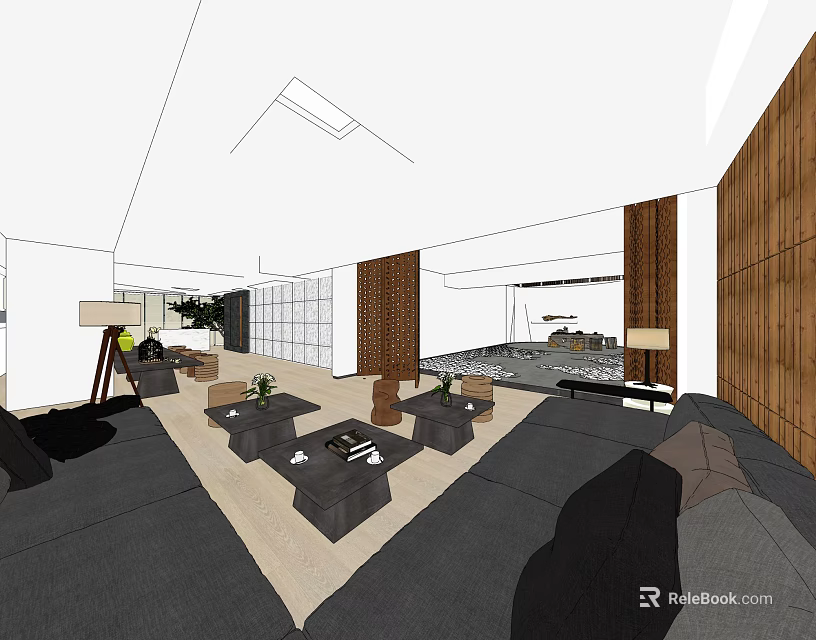 Hotel Public Lounge Area Featuring Gray Sofas Wooden Walls Coffee Tables And Green Plants 3d model 