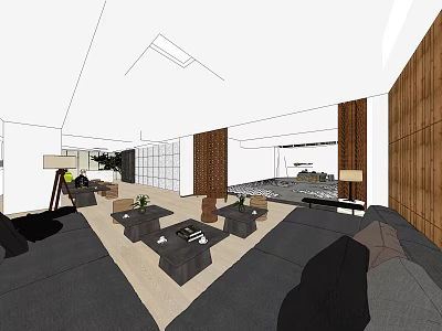Hotel Public Lounge Area Featuring Gray Sofas Wooden Walls Coffee Tables And Green Plants 3d model