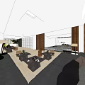 Hotel Public Lounge Area Featuring Gray Sofas Wooden Walls Coffee Tables And Green Plants