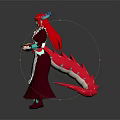 Game Movie Character With Red Horns Wearing Apron Holding Utensils And Tail